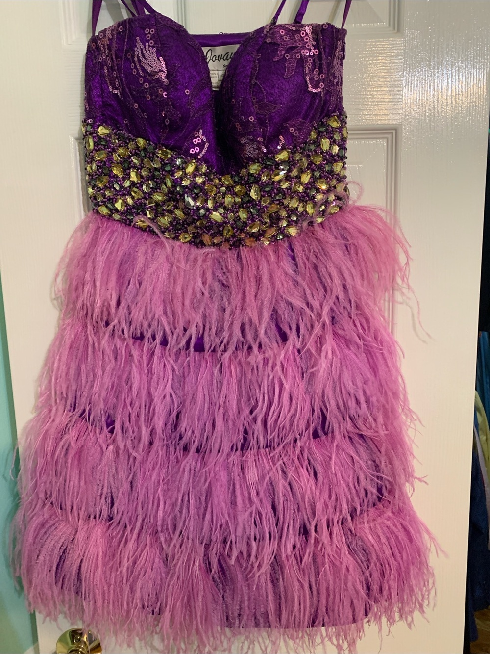 Jovani Purple and Pink Feathered Beaded Prom Dress